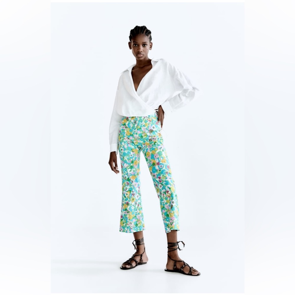 Zara Patterned Mini Flare Linen Pants
